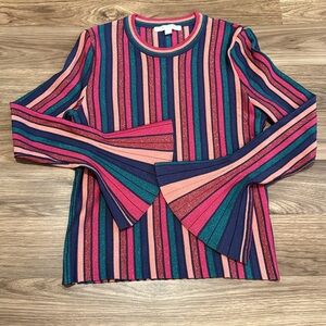Jonathan Simkhai Metallic Shimmer Stripe Ribbed Bell Sleeve Stretch Knit Top S